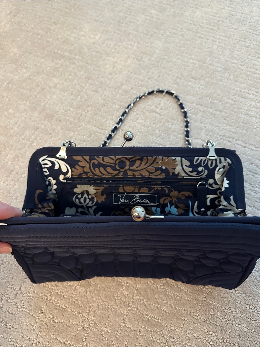 Vera Bradley Quilted Navy Frame Clutch with Chain Handle